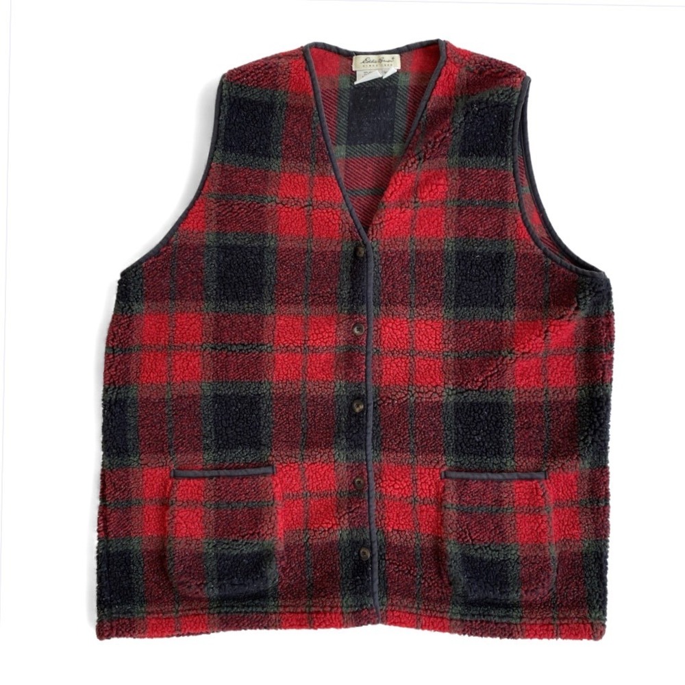 EDDIE BAUER Fuzzy Fleece Vest RED/GREEN/NAVY TARTAN PLAID Button-Up Pockets SZ S